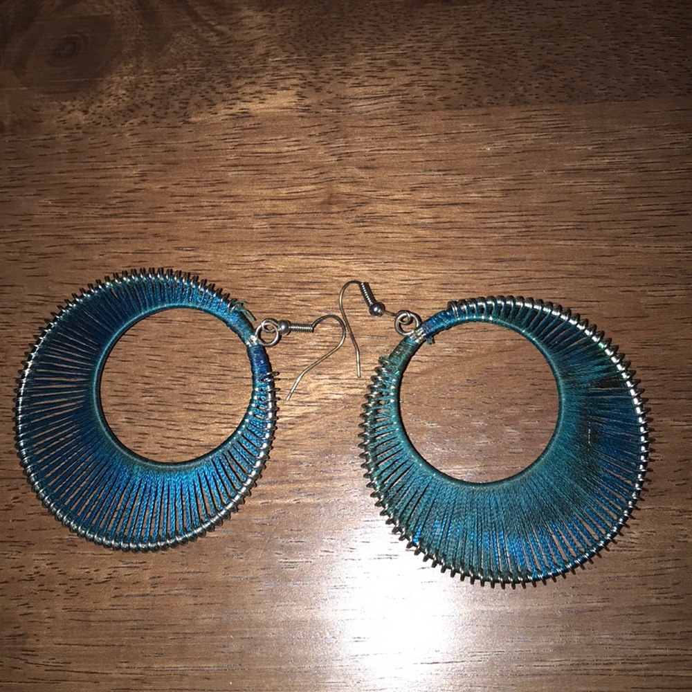 Blue Hoop Threaded Earrings